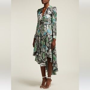DIANE VON FURSTENBERG Silk Metallic Floral Print Long Sleeve High Low Wrap Dress